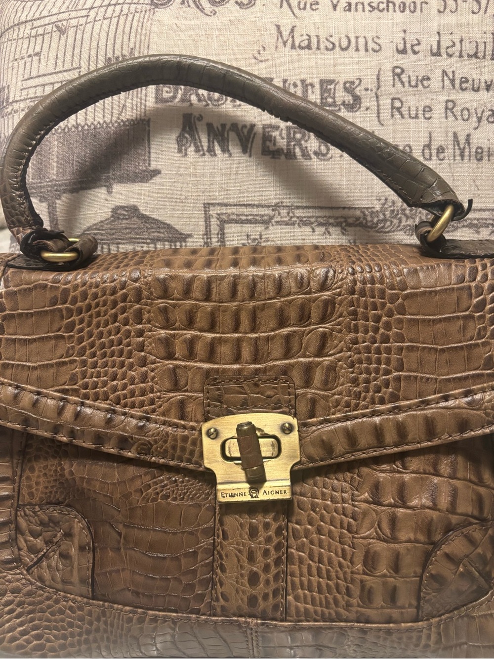Vintage Etienne Aigner Tan Croc-Embossed Top-Handle Satchel with Brass Lock